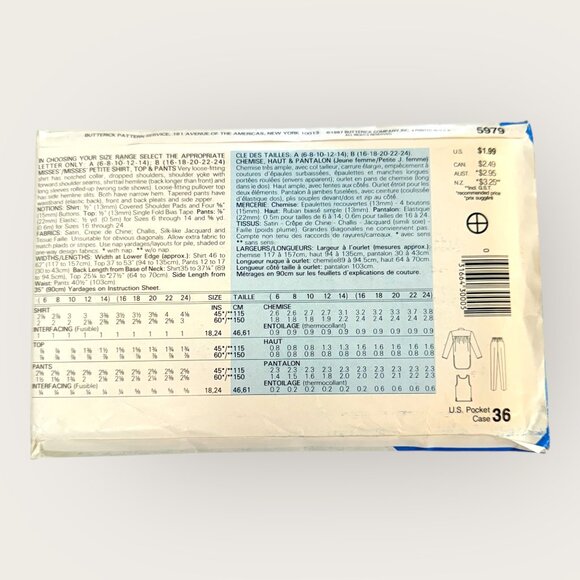 Vintage 1980s Butterick Sewing Pattern 5979 Misses Shirt Top Pants Size 6-14 - Picture 2 of 2